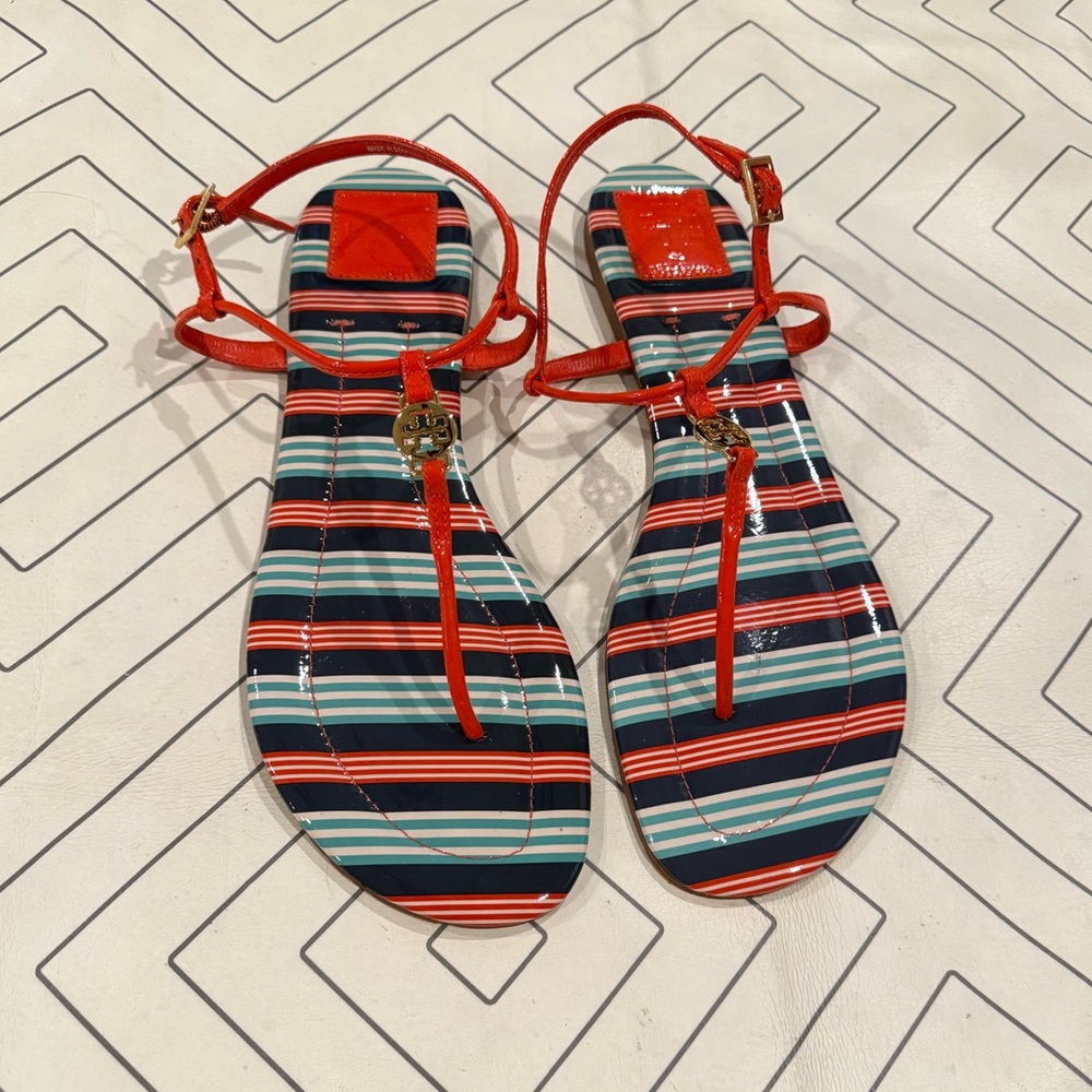 Tory Burch Striped T Strap Ankle Buckle Logo Sandals